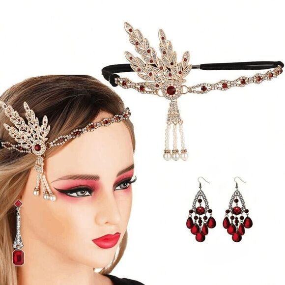 ❤️✨ 5PCS 1920s Red Accessories Flapper Great Gatsby Retro Costume Set NEW main image 12